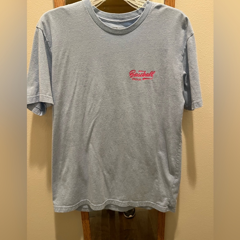 Baseball lifestyle 101 t shirt light blue pink letters Men’s Large